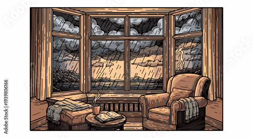 Corner bay window with storm sky armchair ottoman bench and table illustration