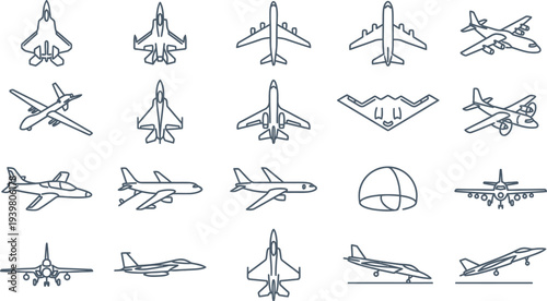 A collection of line art icons depicting various types of aircraft, including commercial planes, fighter jets, and drones.
