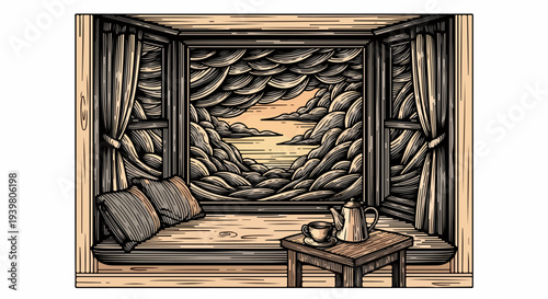 Bay window seat with pillows table and tea set overlooking storm clouds