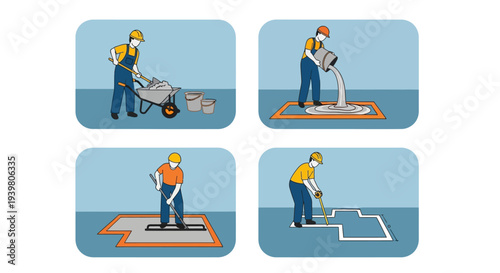 Construction Worker Laying Flooring Stages.
