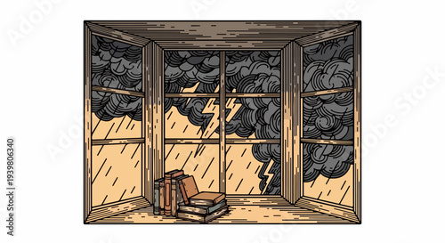 Wooden bay window with rain clouds lightning and stacked books