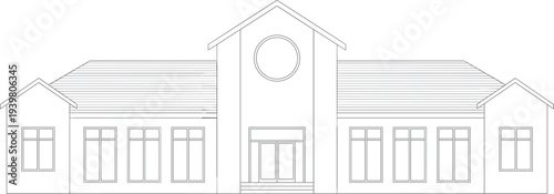 Front elevation architectural drawing of a symmetrical public building featuring a central entrance gabled roof and large glass windows.