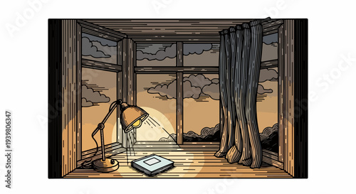 Desk lamp and notebook on windowsill with curtain and sunset clouds