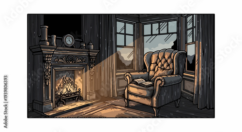 Fireplace and wingback chair beside bay window with mantel clock