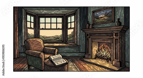 Armchair and open book near fireplace and bay window with landscape view