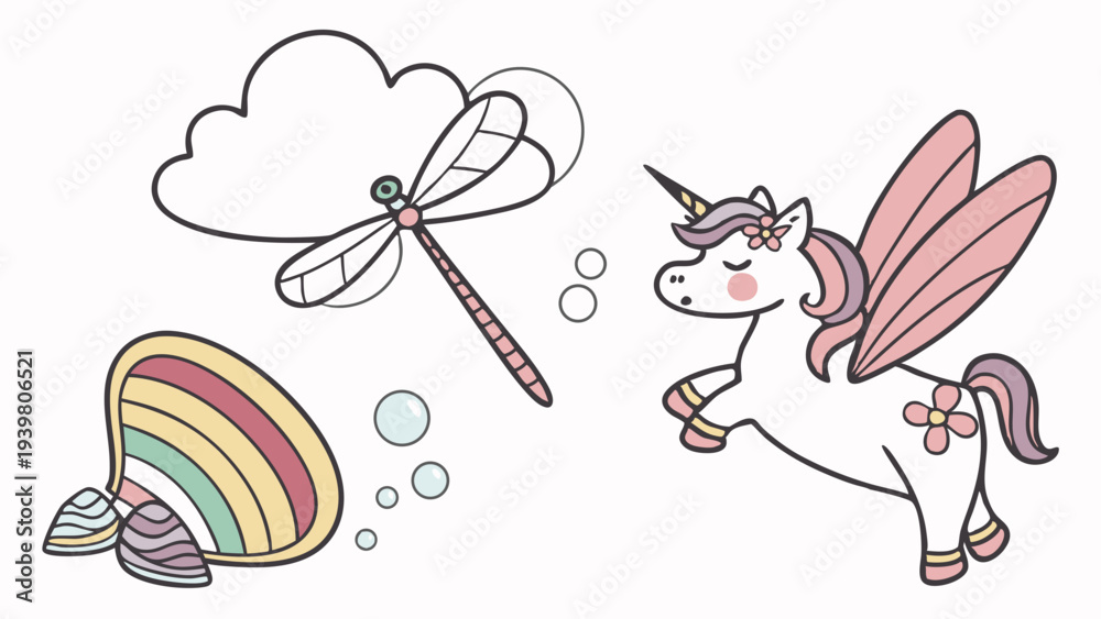 Fototapeta premium Cute Flying Unicorn Rainbow Dragonfly Cloud Sticker Set for Kids Nursery Decor and Birthday Party Invitations