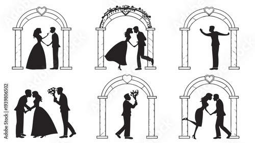 Wedding Silhouette Collection Happy Bride Groom Under Arch Icons Perfect For Invitations Design Celebration Graphics