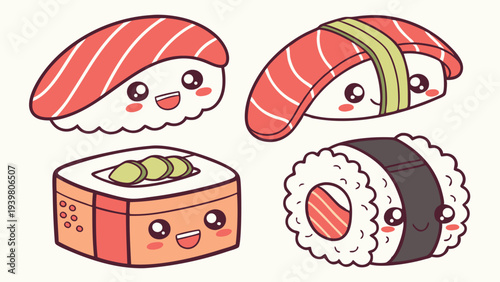 Cute Kawaii Sushi Characters for Restaurant Menus Food Blog Web Design Fun Japanese Cuisine Illustration