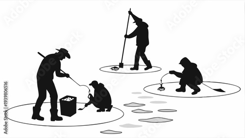 Winter Ice Fishing Scene Silhouette of People Drilling and Catching Fish for Outdoor Recreation and Seasonal Activities