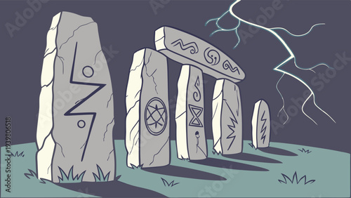 Mystical Ancient Stone Circle Runes Under Dramatic Night Lightning Storm for Occult Design Projects