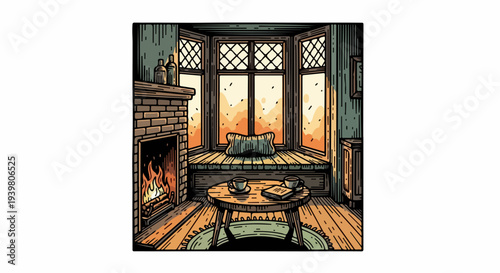 Fireplace and bay window seat with round table cups and book