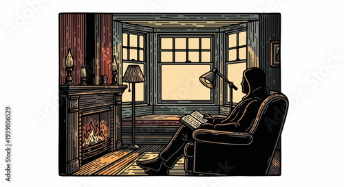 Person reading in armchair by fireplace and bay window