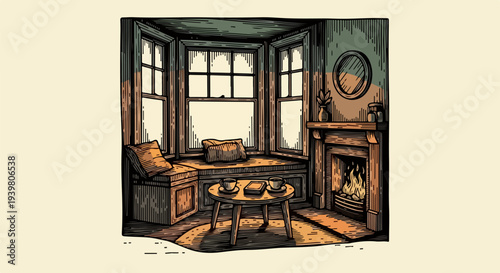 Bay window bench and fireplace with table cups and closed book