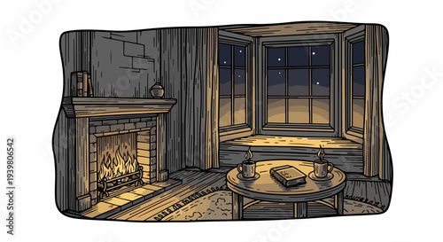 Night bay window with fireplace and table holding two mugs and book