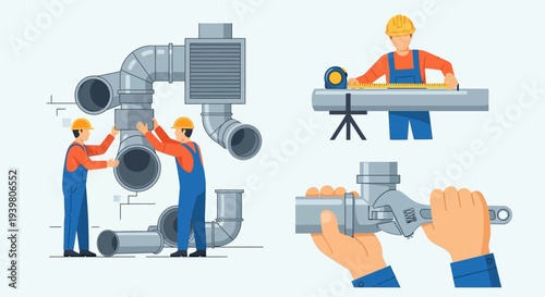 Plumbers installing pipes and fittings.