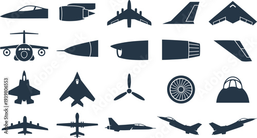 Collection of various dark silhouette icons representing different aircraft components and airplane designs.