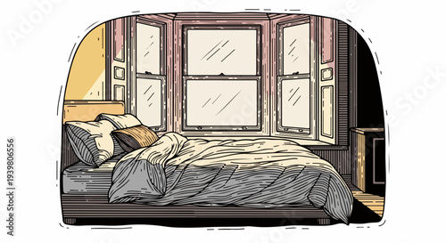 Bed in bay window alcove with arched frame and bedside cabinet