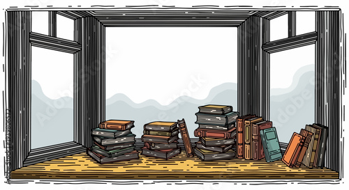 Book stacks on wide windowsill with mountain view