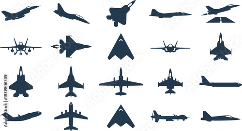 A comprehensive set of jet and airplane vector silhouettes for aerospace design assets.