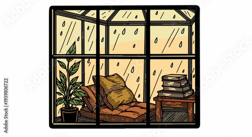 Window view of chair with pillows and stacked books in greenhouse