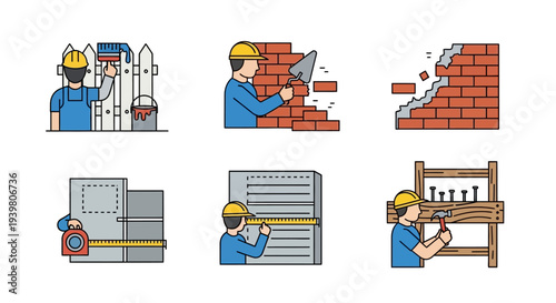 Construction worker building brick wall stages.