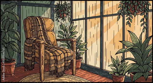 Wicker armchair in greenhouse with hanging and potted plants