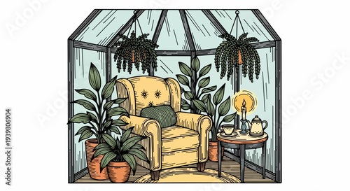 Armchair and tea set inside glass greenhouse with potted plants