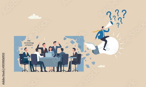  Disruptive together design with clean lines and minimal shading flag red pillars competition concept, business riding flying lightbulb idea breaking old technology company