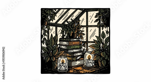 Stack of books with candles and plants inside greenhouse