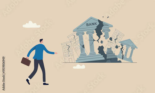  Banking bankruptcy bigger one fall crash credit risk, failure or investment failure concept, frustrated businessman look at collapsing bank building