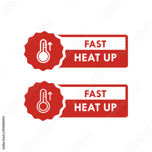 Fast heat up icon with thermometer and rising arrow in red circle frame, industrial heating technology vector design.