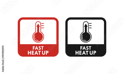 Fast heat up icon with thermometer and rising arrow in red circle frame, industrial heating technology vector design.
