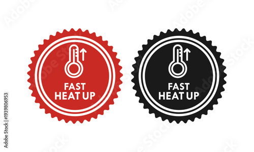 Fast heat up icon with thermometer and rising arrow in red circle frame, industrial heating technology vector design.