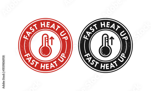 Fast heat up icon with thermometer and rising arrow in red circle frame, industrial heating technology vector design.