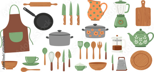 Cozy Kitchen Icon Set Featuring Cookware, Utensils, Blenders, Tea Kettles, Cups, and Wooden Kitchen Tools in Warm Colors