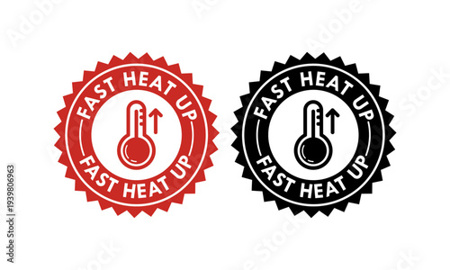 Fast heat up icon with thermometer and rising arrow in red circle frame, industrial heating technology vector design.