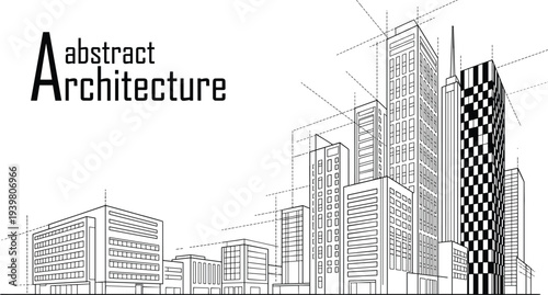 Modern architectural cityscape design featuring detailed structural line art buildings and vibrant color block office window elements.