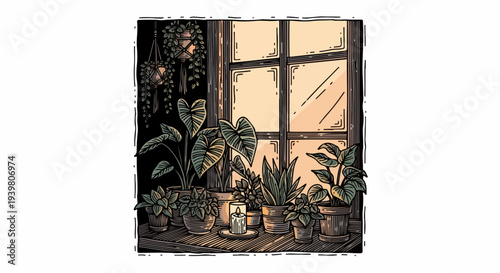 Potted houseplants and candles on a window ledge illustration