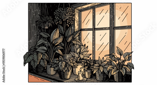 Collection of houseplants by large window with single candle