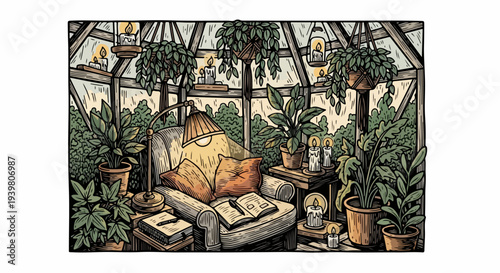 Greenhouse interior with armchair plants candles and books illustration