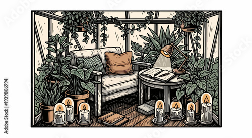 Greenhouse lounge with sofa round table books and candles illustration