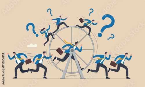 : Office salary, inefficient or work hard trap that never finish concept, frustrated businessman in hurry running in rat race wheel