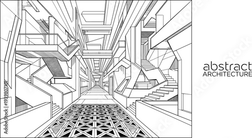 One-point perspective architectural line art of a futuristic multi-level interior atrium featuring complex staircases and deconstructivist geometry.
