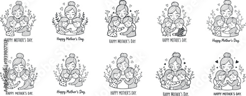 Happy mothers day greeting badge vector set featuring cute line art illustration of loving mom hugging son and daughter with floral wreath borders and typography for holiday cards and family graphic.