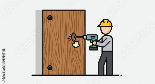 Man breaking door with drill forced entry concept.