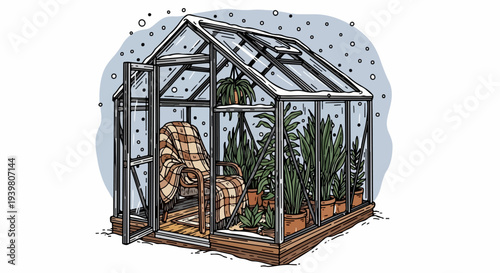 Winter greenhouse with open door armchair and dense potted plants