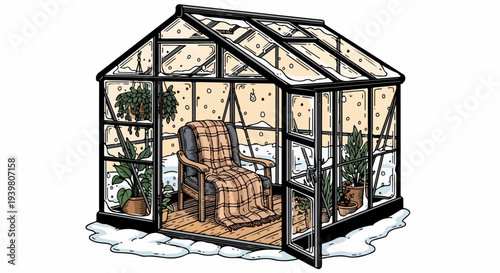 Snowy greenhouse interior with armchair blanket and open entry door