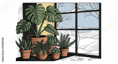 Potted houseplants beside window with falling snow outside