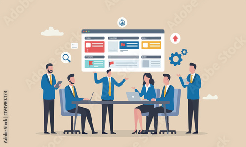 Prioritize or two small, stylized project management software or planner concept, businessman project manager prioritize tasks.