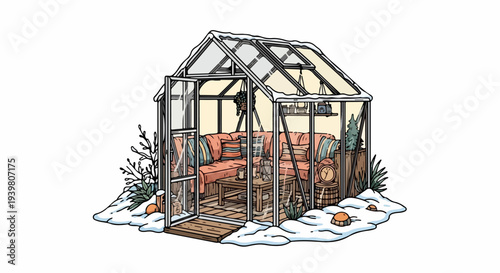 Snow-covered greenhouse lounge with sectional sofa and open door